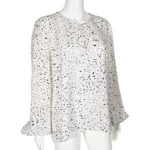 Ellen Tracy Top Womens Large Tunic High Low Keyhole Paint Spattered White Black